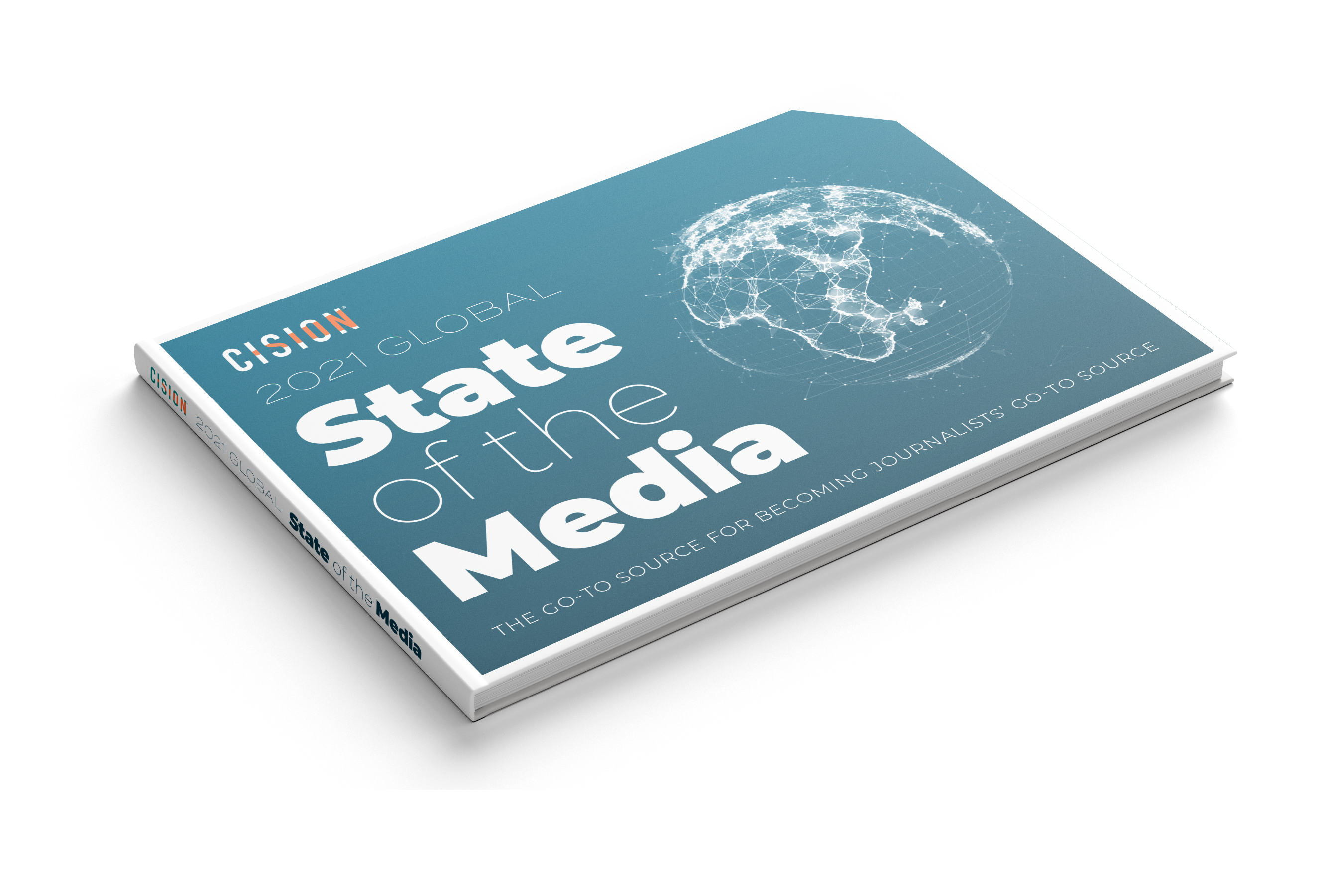 Angled mockup of Cision's 2021 State of the Media Report